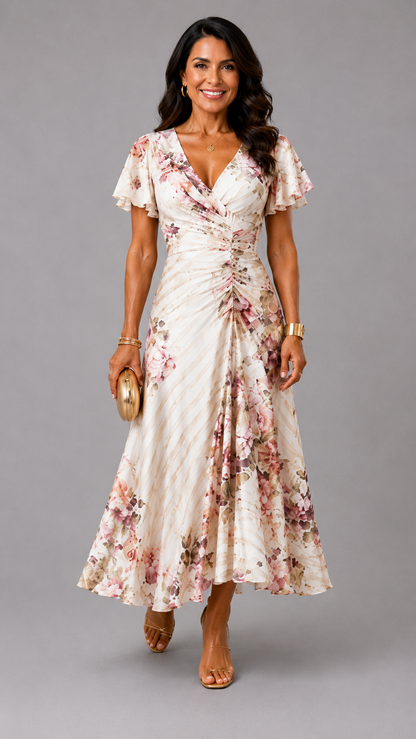 Alba | Elegant Floral Ruched Wrap Midi Dress