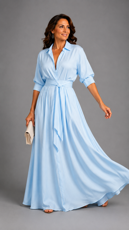 Zelith | Elegant Midi Dress with Belt and Shirt Collar