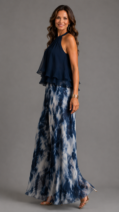 Ludovica | Elegant Navy Blue Halter Top & Printed Wide-Leg Pants Set
