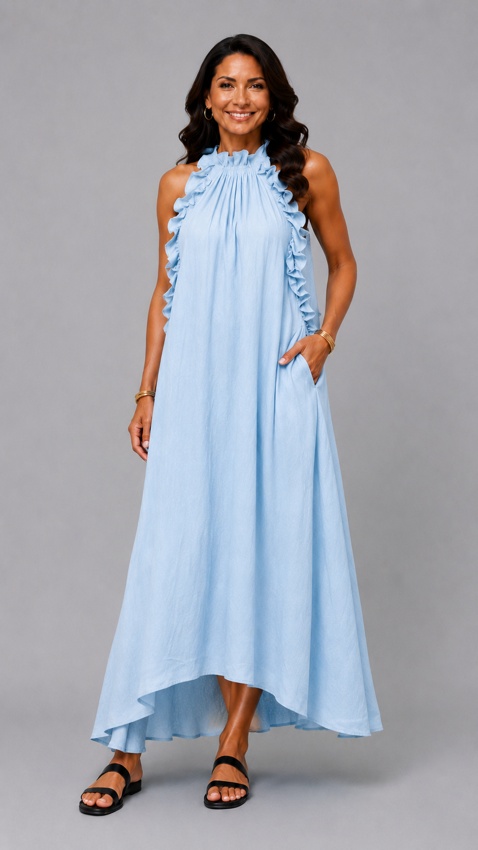 Fernanda | Elegant Sleeveless Linen Maxi Dress with Ruffles