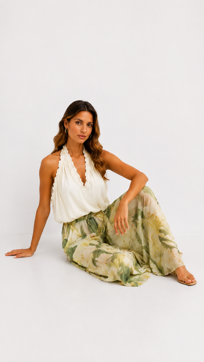 Alessandra | Gauze Ruffle Sleeveless Top & Lily Print Pants