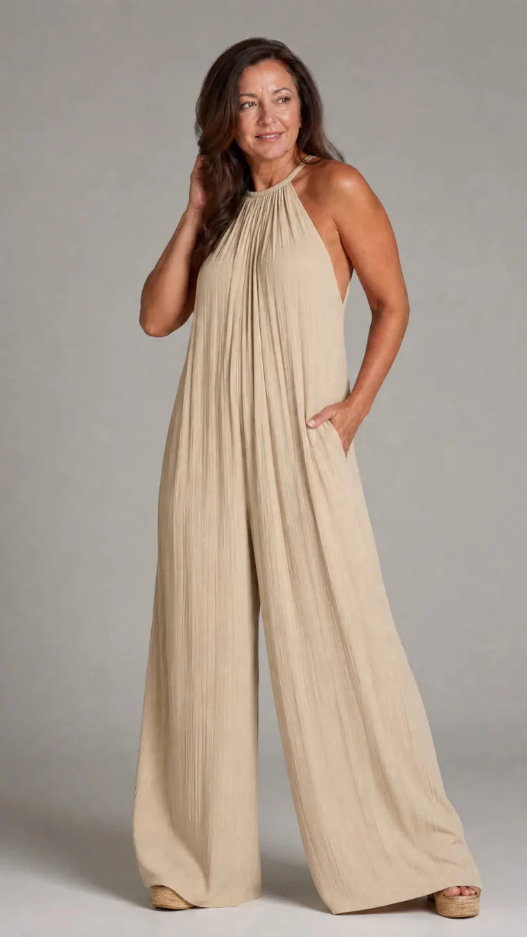 Sylvara | Elegant Wide-Leg Halter Jumpsuit