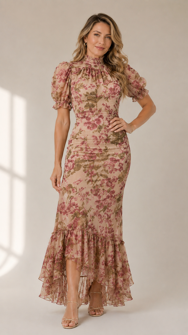 Fiora | Robe Longue Romantique à Manches Bouffantes et Imprimé Floral