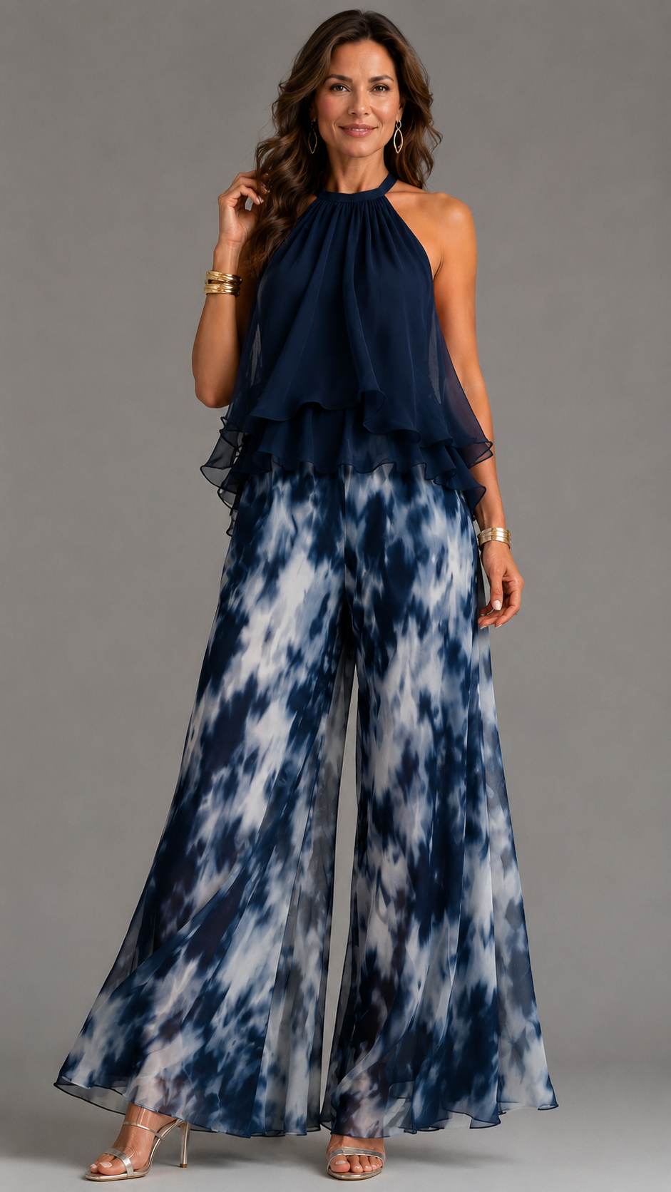 Ludovica | Elegant Navy Blue Halter Top & Printed Wide-Leg Pants Set